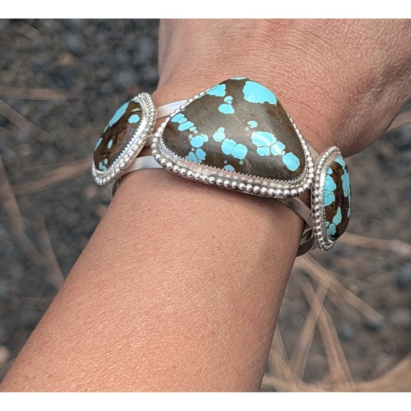 Natural Number 8 Turquoise Silver Cuff Bracelet Large 3 Stone Southwest Jewelry* - Picture 7 of 9